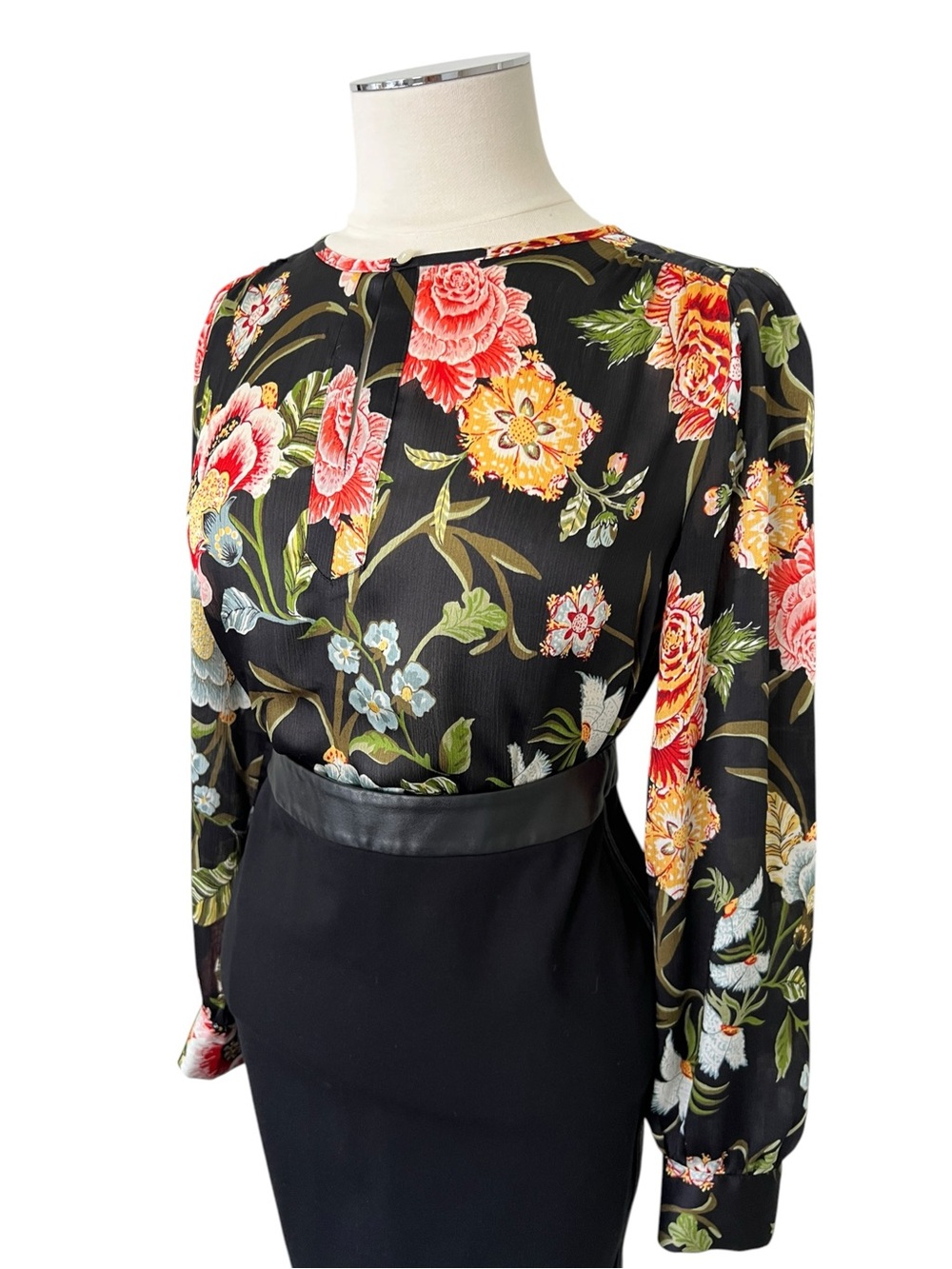 LOFT Black Floral Keyhole Sheer Long Sleeve Blouse Sz XS